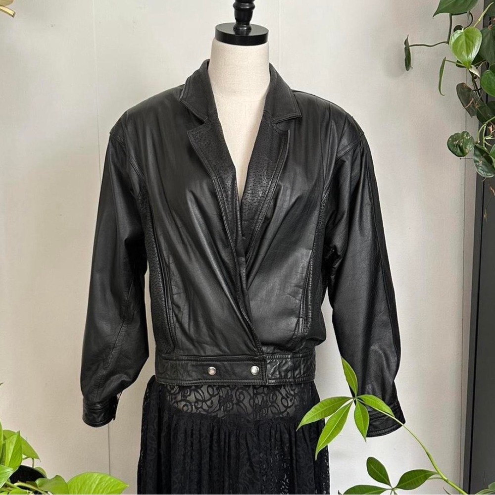 Vintage 80s Brass Plum Nordstrom Black Leather Cropped Jacket Animal Print Small